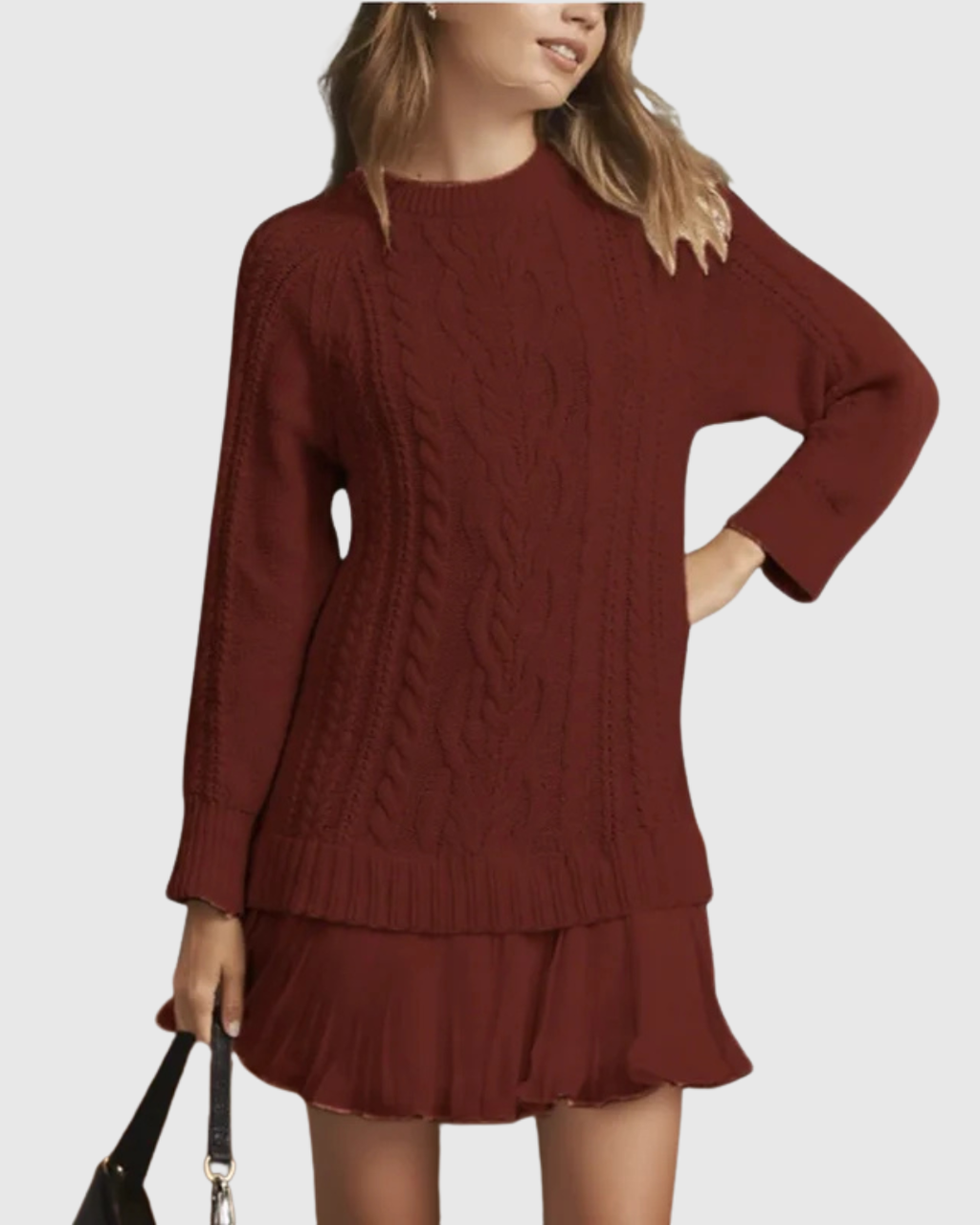 Cable Knit Sweater Dress with Pleated Skirt for Women