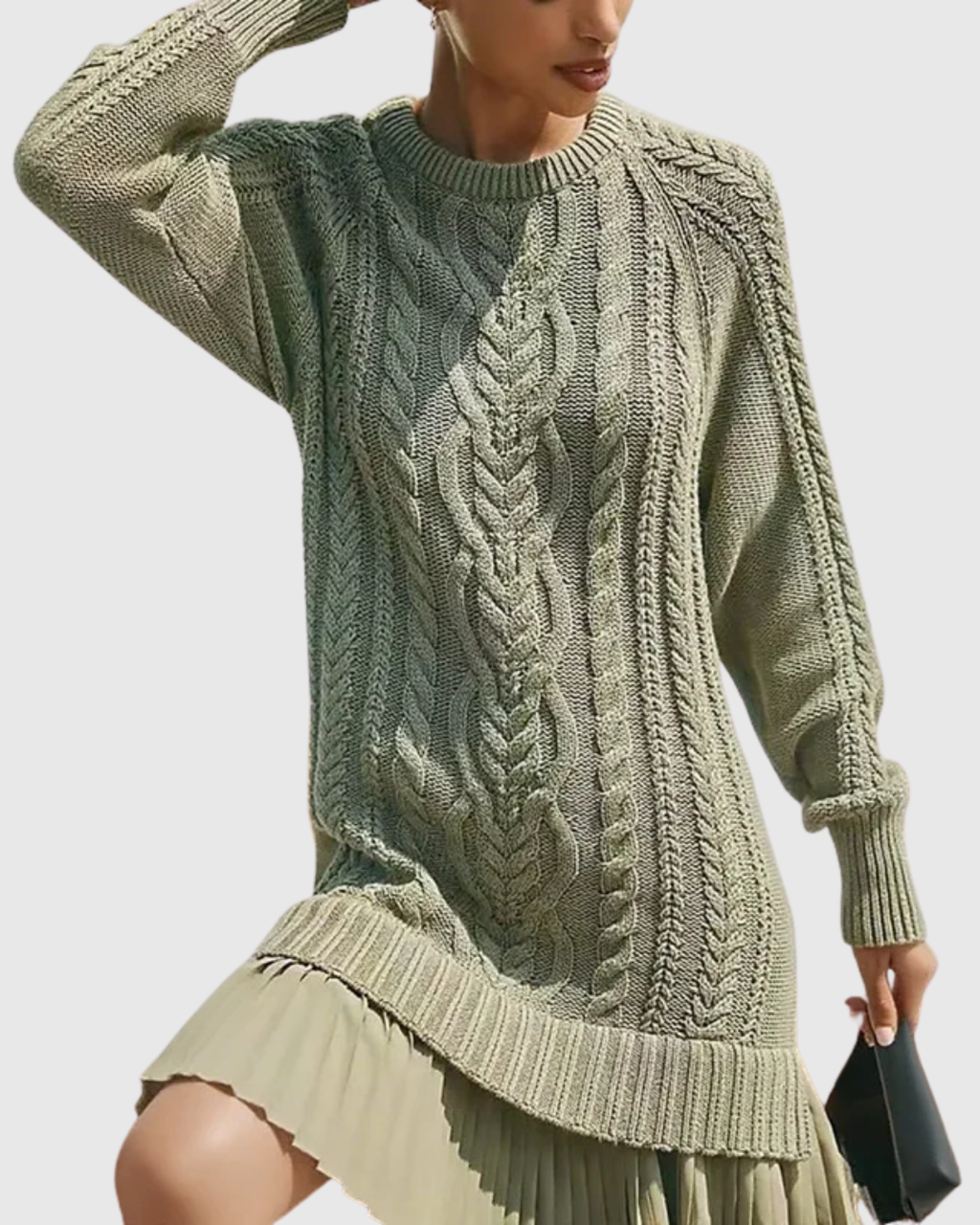 Cable Knit Sweater Dress with Pleated Skirt for Women